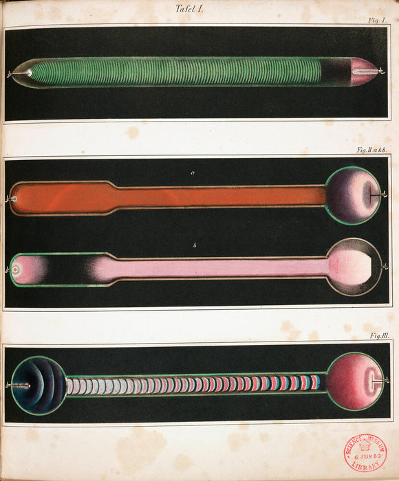 Glowing Geissler tubes, 1858.