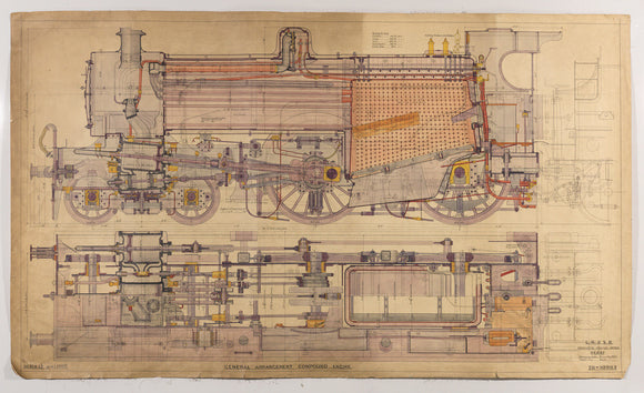 General arrangement of compound 4-4-0 locomotive, London Midland and Scottish Railway Derby works drawing 28-10983, 1928