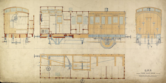General arrangement of third class break (brake) carriage, Great Northern Railway Doncaster works drawing E41, 12/1872