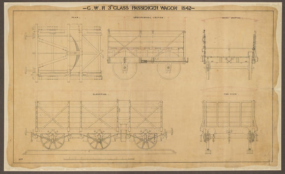 Drawing, general arrangement Great Western Railway broad gauge third class passenger wagon, 1842. Shows addition of