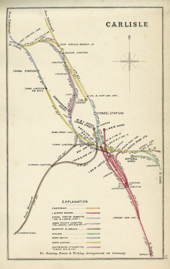 Railway Clearing House diagram of railways and junction at Carlisle showing lines belonging to the Caledonian Railway