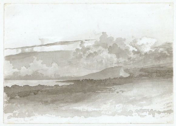 Cloud study by Luke Howard, c1803-1811: Cumulus, with nimbus and touch of stratus possibly above a lake. Grey wash.