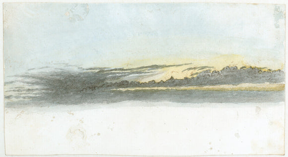 Cloud study by Luke Howard, c1803-1811: Nimbus, blowing away in a wintry sun. Pencil, with blue, yellow and grey wash.