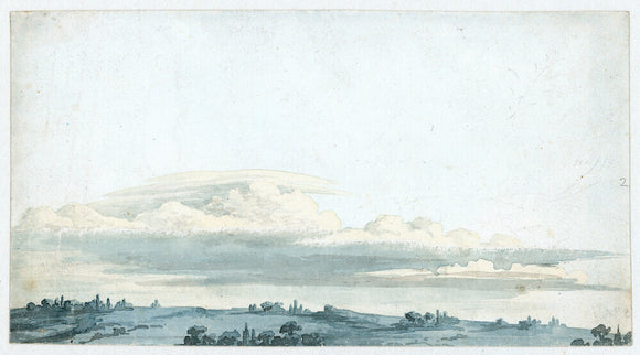 Cloud study by Luke Howard, c1803-1811: Formation of cumulostratus, with blown-out anvil, over landscape.