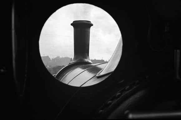 View through locomotive cab window of GNR Stirling Single