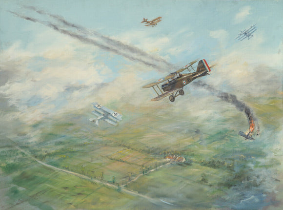 Painting of a dogfight, with five fighter aircraft of World War I