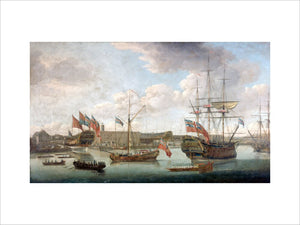 'Launch at Deptford Dockyard', c 1750.