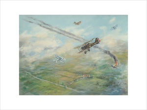 Painting of a dogfight, with five fighter aircraft of World War I
