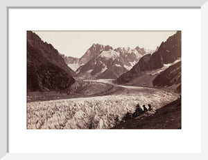 Walkers resting beside a glacier, French Alps, c 1870s.