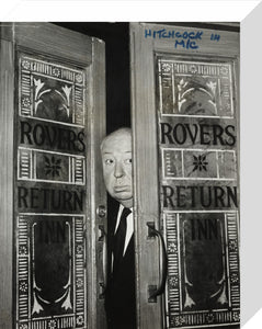 Alfred Hitchcock at the doors of Coronation Street's Rovers Return