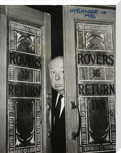 Alfred Hitchcock at the doors of Coronation Street's Rovers Return