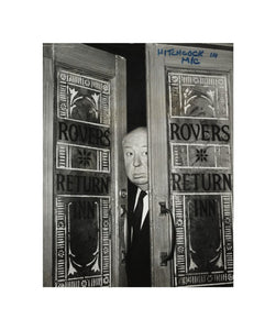 Alfred Hitchcock at the doors of Coronation Street's Rovers Return