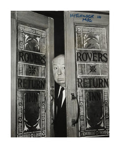 Alfred Hitchcock at the doors of Coronation Street's Rovers Return