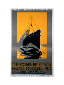 'The Continent via Dover - Ostend', Belgian State Railways poster, c 1920s.