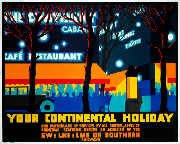'Your Continental Holiday', GWR/LMS/LNER/SR poster, 1932.
