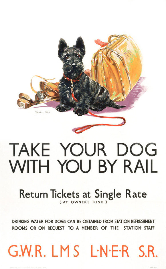 'Take Your Dog', GWR/LMS/LNER/SR poster, c 1935.
