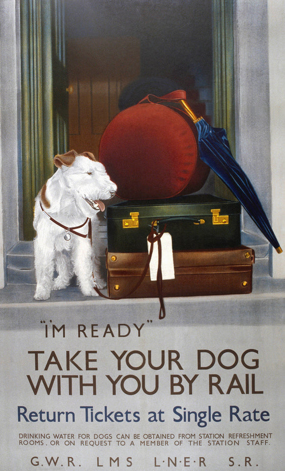 'Take your Dog with you by Rail', GWR/LMS/LNER/SR poster, 1923-1947.