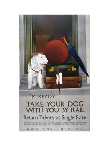'Take your Dog with you by Rail', GWR/LMS/LNER/SR poster, 1923-1947.