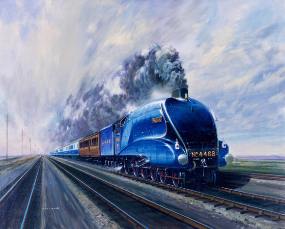 'Mallard' steam locomotive hauling carriages at speed, c 1938.