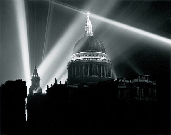 St Paul's Cathedral illuminated on the night of VE Day, London, 8 May 1945.