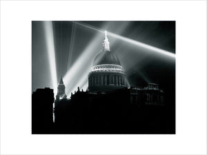 St Paul's Cathedral illuminated on the night of VE Day, London, 8 May 1945.