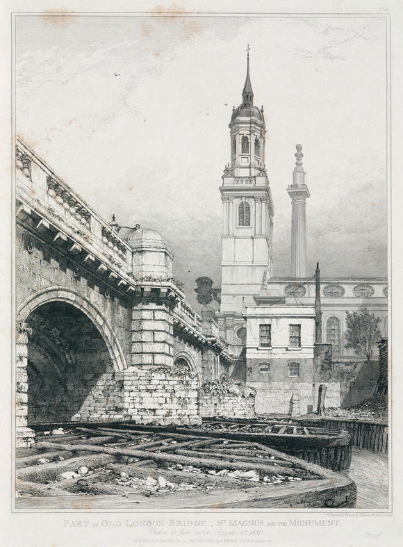 Old London Bridge, St Magnus the Martyr and the Monument, London, 1831.