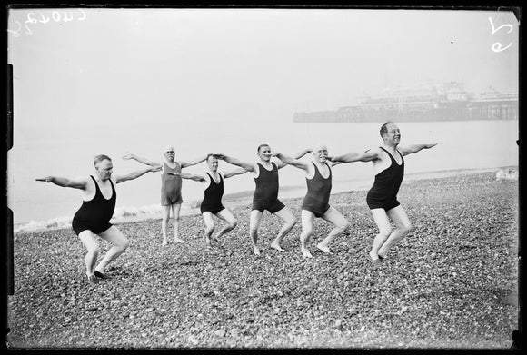 Men exercising on Brighton Beach, 1933.