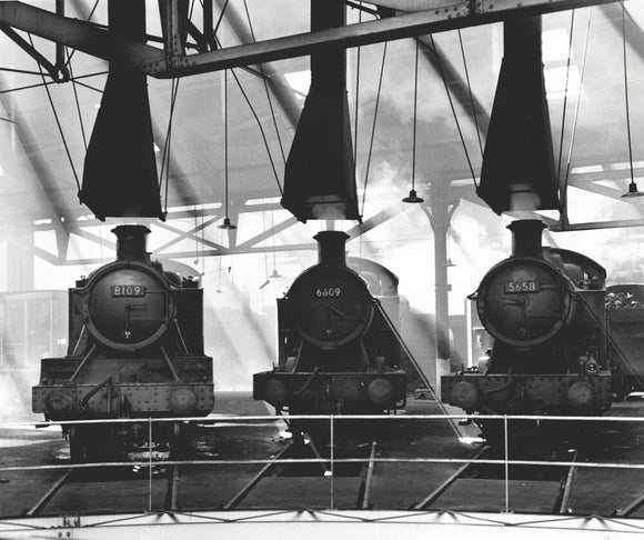 Three locomotives, Tyseley Roundhouse, Birmingham, July 1963.