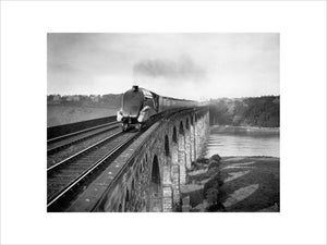Coronation A4 Class steam locomotive crosses the Royal Border Bridge at Berwick-upon-Tweed, 1937.