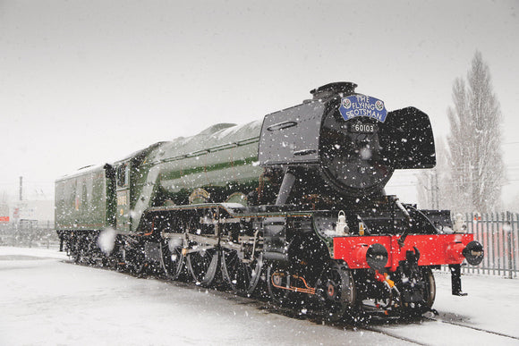 Flying Scotsman locomotive in the snow, 2016.