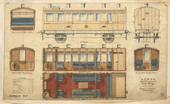 General arrangement of family carriage, London, Chatham and Dover Railway Longhedge works drawing C1667, 13/05/1881