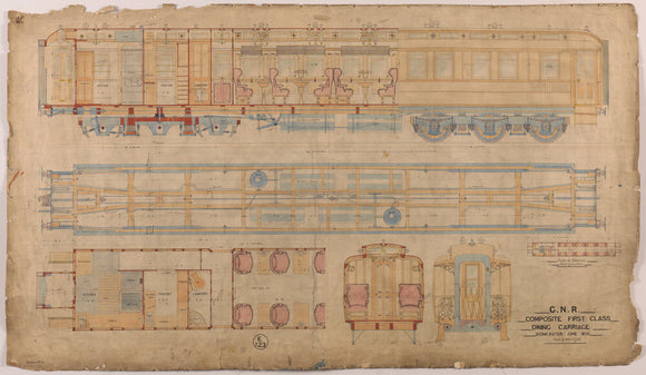 General arrangement of composite first class dining carriage, Great Northern Railway Doncaster works drawing E123