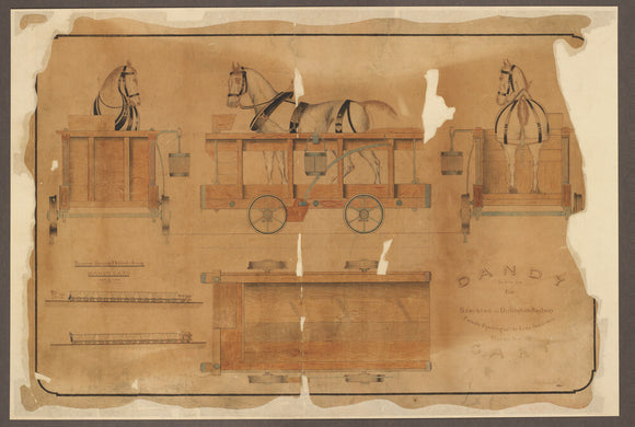 Drawing, Stockton & Darlington Railway dandy cart. Used to convey horses on down hill gradients where they were not