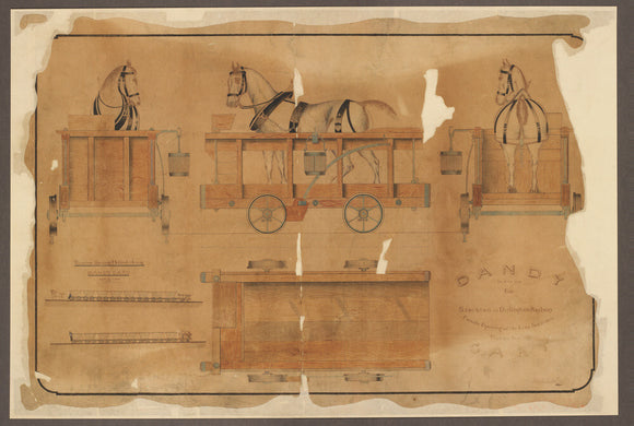 Drawing, Stockton & Darlington Railway dandy cart. Used to convey horses on down hill gradients where they were not