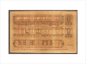 Coloured general arrangement drawing, scale 3/4 inch to 1 foot, South Eastern & Chatham Railway bogie tricomposite