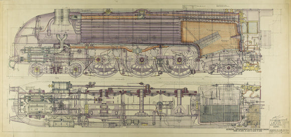 Drawing, ink and watercolour on card, General Arrangement 4-6-2 Passenger Engine, drawn in the LMS Drawing Office,