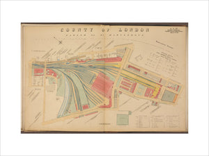 Plan of Marylebone station and surrounding area including platforms and offices, stables, goods shed and offices, power