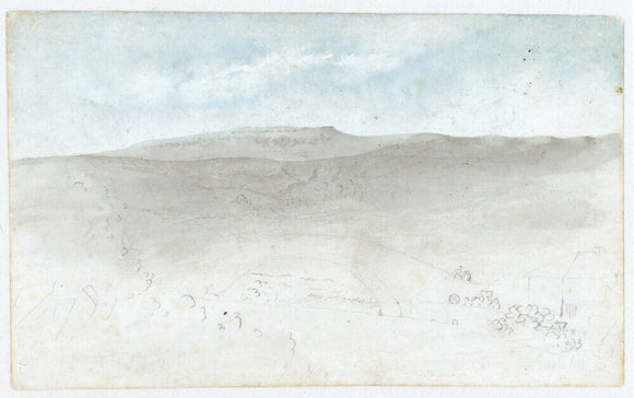 Cloud study by Luke Howard, c1807: Light cumulus above sketched landscape with distant flattened hill.