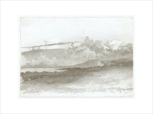 Cloud study by Luke Howard, c1803-1811: Cumulus, with nimbus and touch of stratus possibly above a lake. Grey wash.