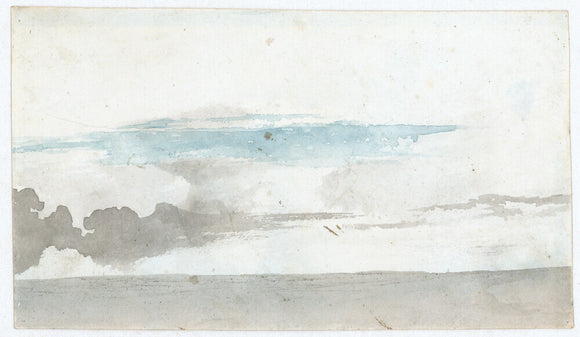Cloud study by Luke Howard, c1803-1811: Half a nimbus anvil. Grey wash, 8x14cm (recto); Cumulostratus and spreading.
