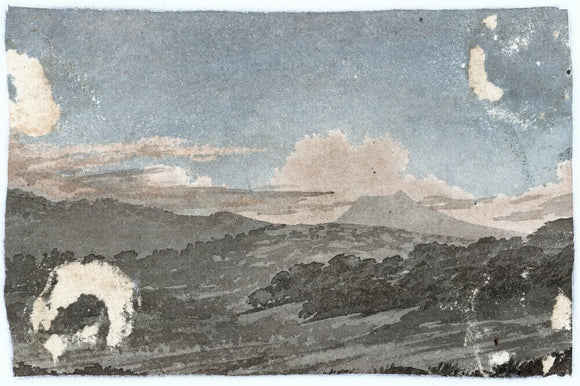 Cloud study by Luke Howard, c1803-1811: Spreading anvil of nimbus. Grey, blue and pink wash; Cumulus.