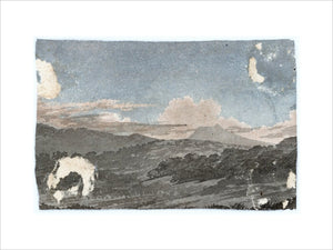 Cloud study by Luke Howard, c1803-1811: Spreading anvil of nimbus. Grey, blue and pink wash; Cumulus.