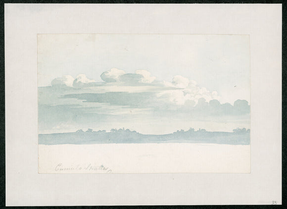 Cloud study by Luke Howard, c1803-1811: Cumulus and cirrostratus above silhouette landscape. Blue and grey wash.