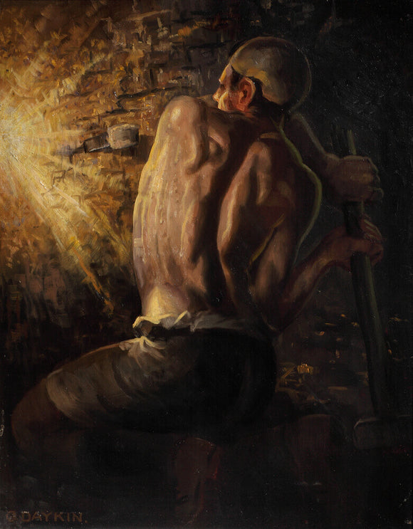 Miner wedging down coal, 1937-1938.