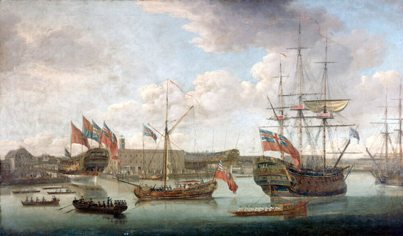 'Launch at Deptford Dockyard', c 1750.